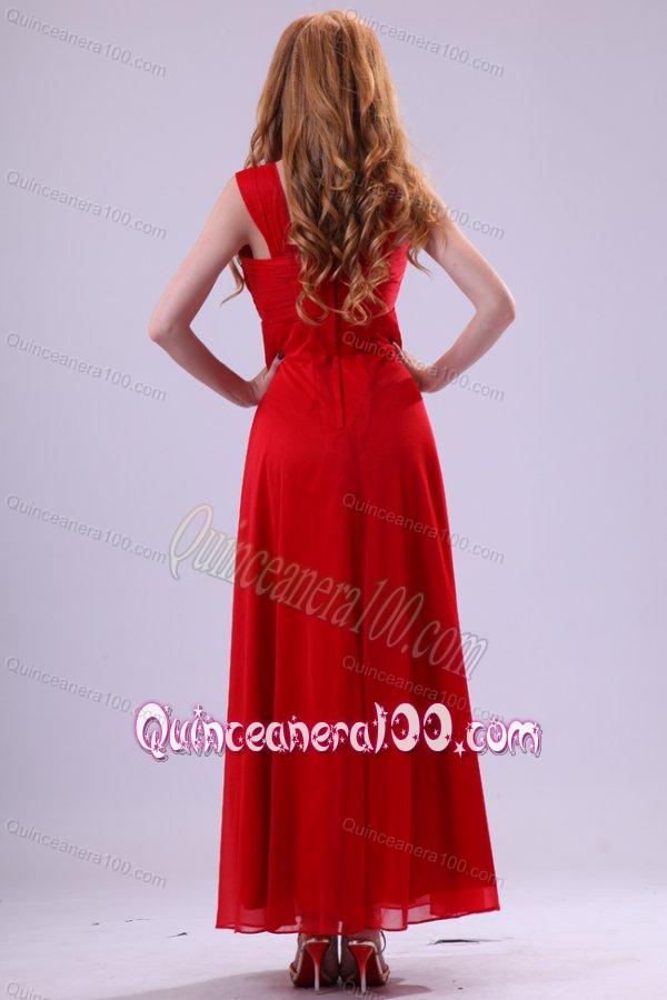 Red Empire Beading Straps Ankle-length Chiffon Dama Dress for Quinceanera