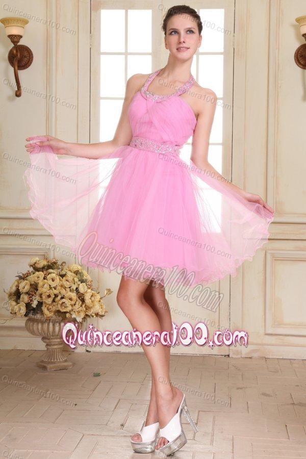 Rose Pink Halter Top Neck Mini-length Beading Dama Dress for ...