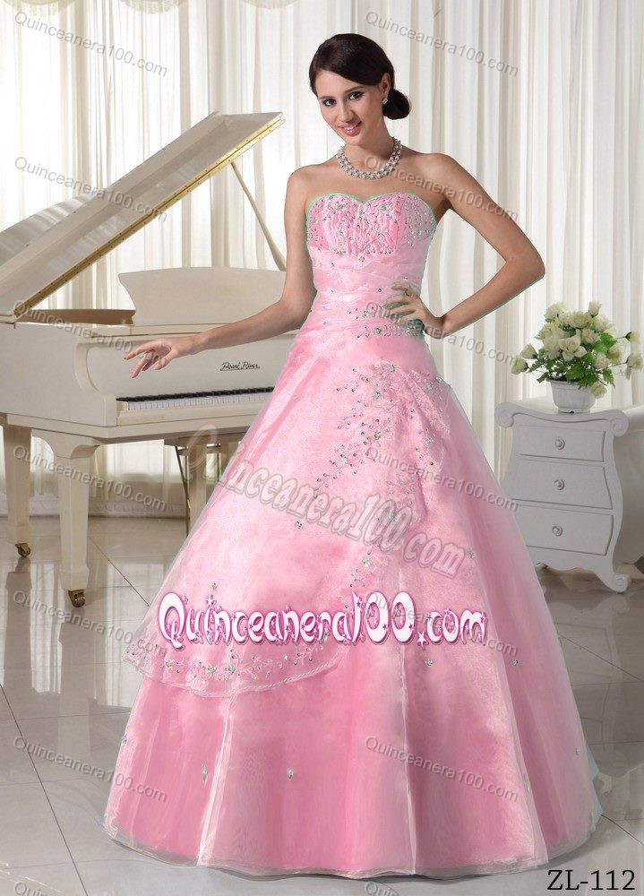 Baby Pink Sweetheart Quinceanera Gown with Appliques and Overskirt