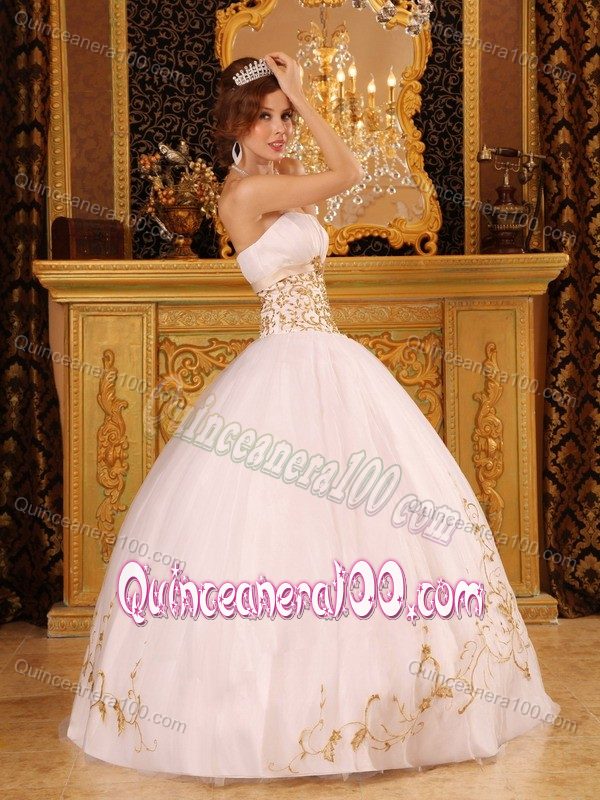 Graceful White and Gold Strapless 2013 Quinceanera Dress Ruched