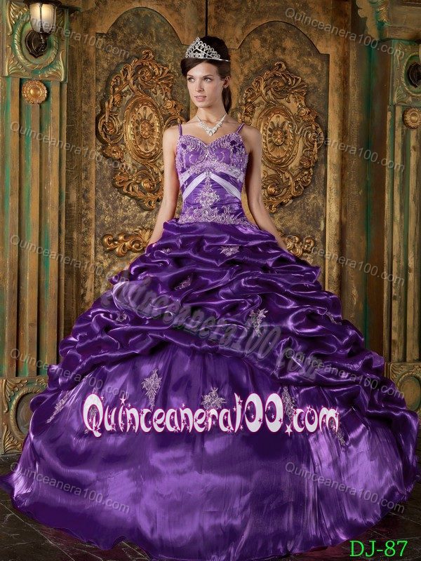 Pick-ups Spaghetti Straps Purple Beading Quinceanera Dress