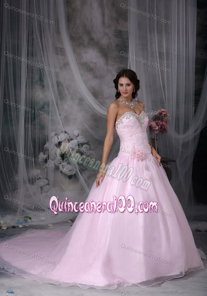 Sweetheart Chapel Train Appliques Puffy Sweet 16 Gowns in Pink