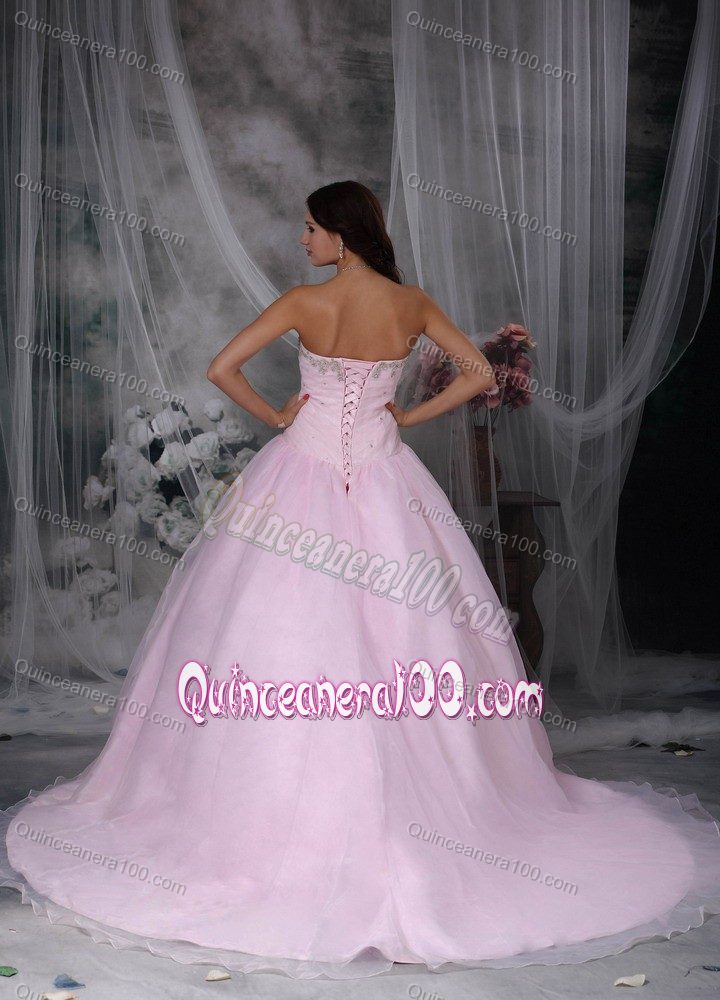 Sweetheart Chapel Train Appliques Puffy Sweet 16 Gowns in Pink
