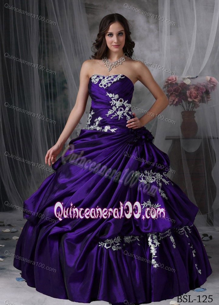 Strapless Purple Quinceanera Dress with Appliques and Pick-ups