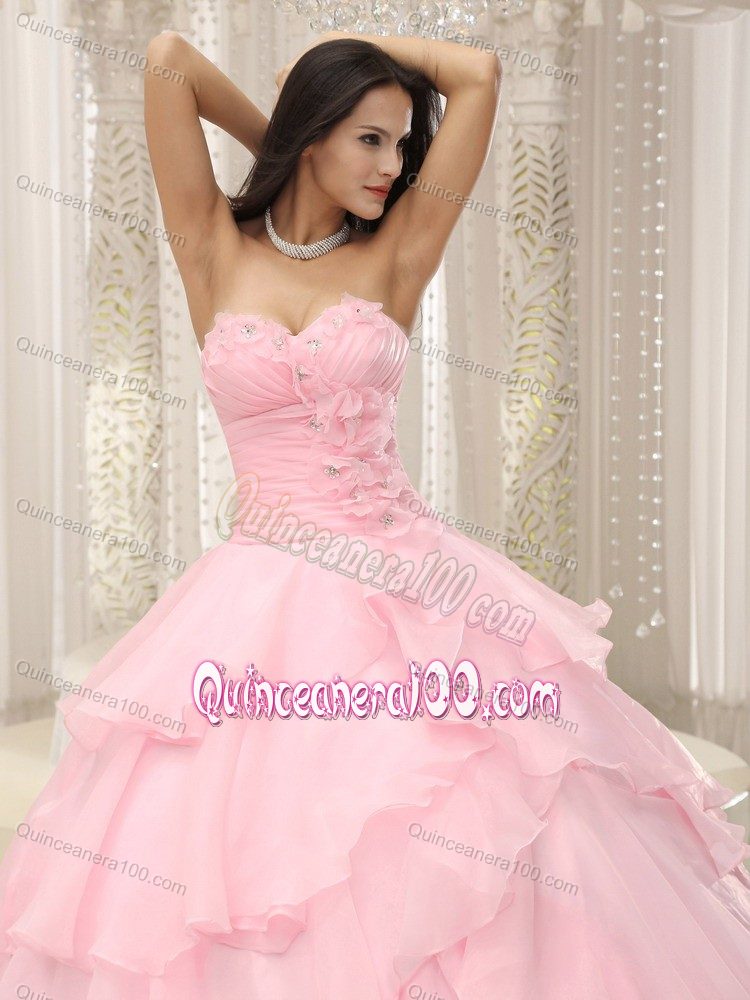 Ruching Sweetheart Baby Pink Quinceanera Dress with Layered Ruffles