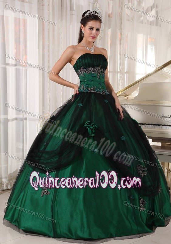 Dark Green Strapless Beading and Appliques Quinceanera Gowns