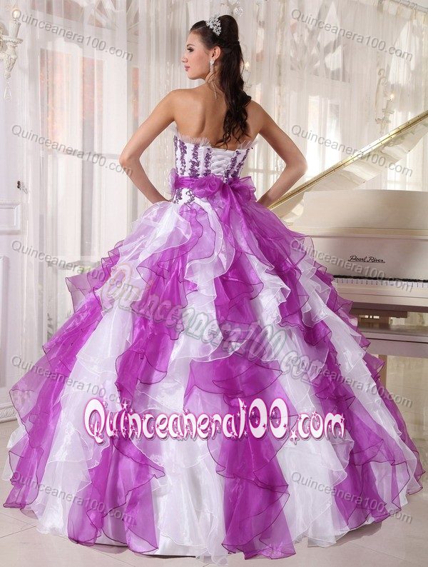 Ruffled Strapless Appliques Quinces Dresses in White and Purple