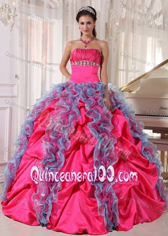 Hot Pink and Blue Quince Dresses Strapless Beading and Ruffles