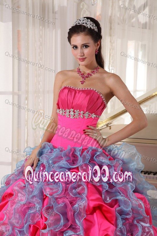 Hot Pink and Blue Quince Dresses Strapless Beading and Ruffles