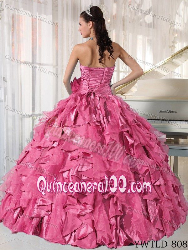 Ruched Beading Sweetheart Ruffled Quinceanera Dress in Pink