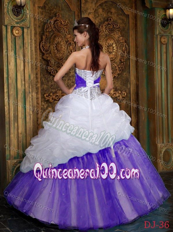 White and Purple Beaded Halter Quinceanera Gowns with Pick-ups