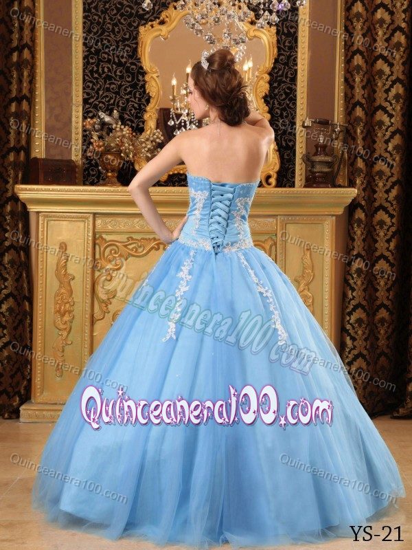 Sweetheart Floor-length Appliques Baby Blue Quinceanera Dress