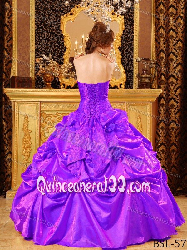 Handle Flowers Popular Purple Strapless Taffeta Quinceanera Dress