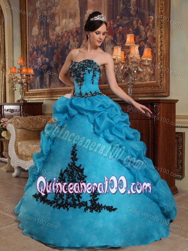Beading and Pick-ups Blue Appliques Strapless Floor-length Sweet 16 Dresses