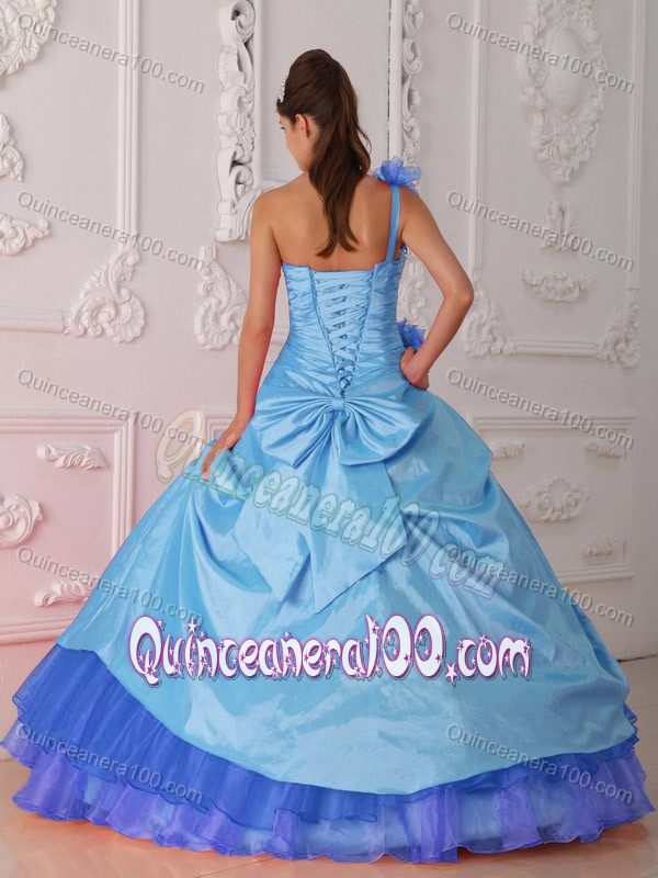Blue One Shoulder Dresses 15 with Beading and Hand Made Flower