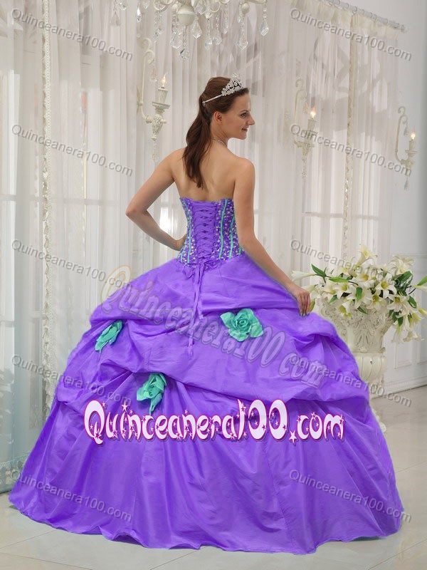 Beading and Hand Flowers Strapless Taffeta Quinceanera Dress in Purple