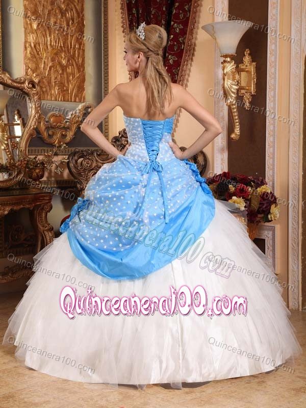 Hand Made Flowers and Beading Strapless Blue and White Quinceanera Dress