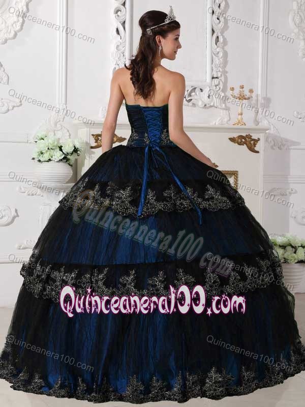 Appliques and Ruche Blue Floor-length Taffeta and Tulle Quinceanera Dress
