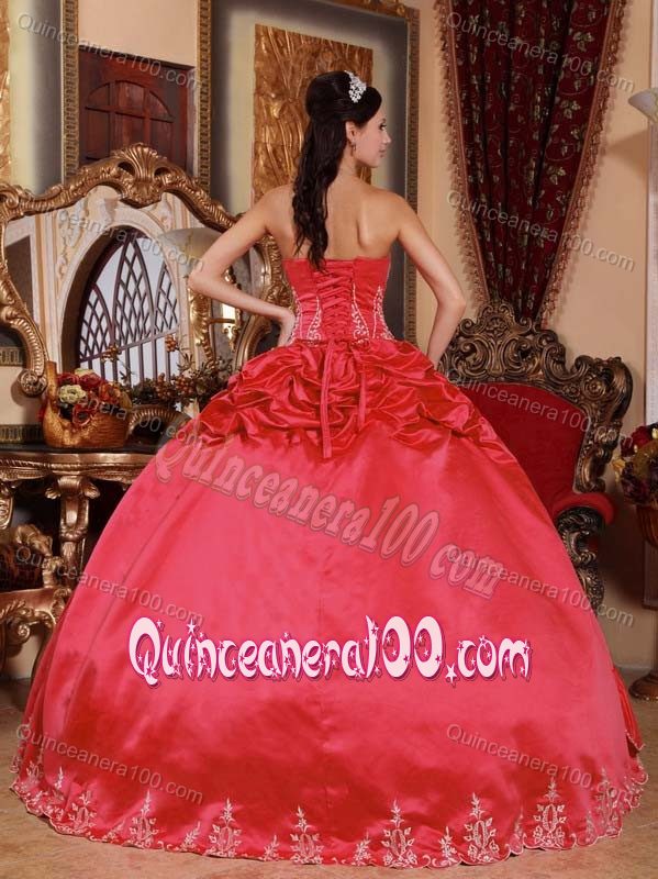 Coral Red Embroidery Strapless Quinceanera Dress in Satin and Taffeta