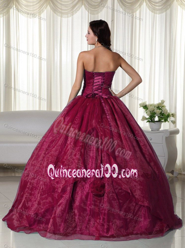 Appliques and Hand Made Flowers Strapless Quinceanera Dress in Wine Red