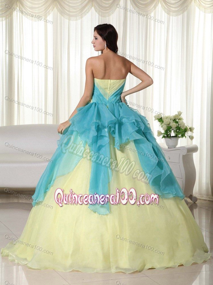 Layers and Hand Made Flowers Strapless Dresses 15 in Teal and Yellow