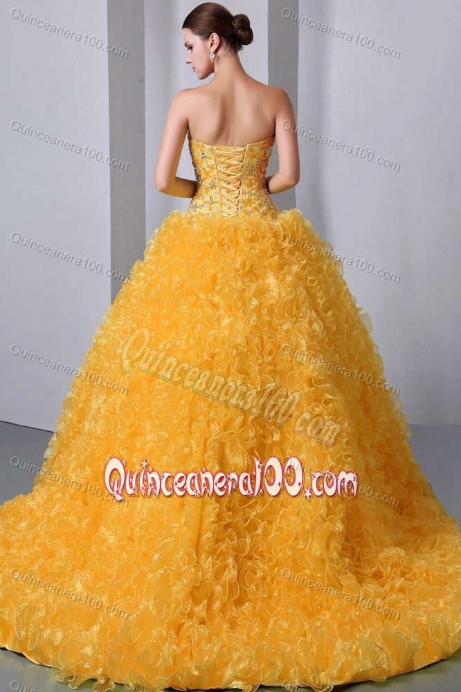 Brush Train and Beading Golden Quinceanera Dress with Heavy Tucks