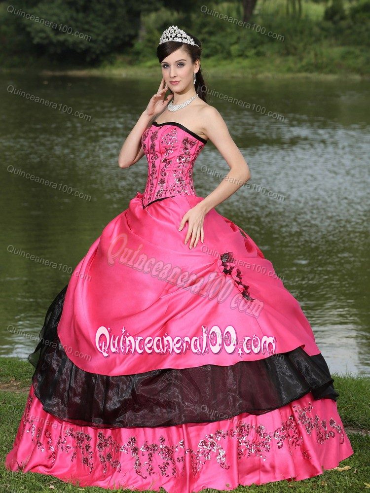 Hot Pink Quinceanera Dress Hand Made Flowers With Embroidery