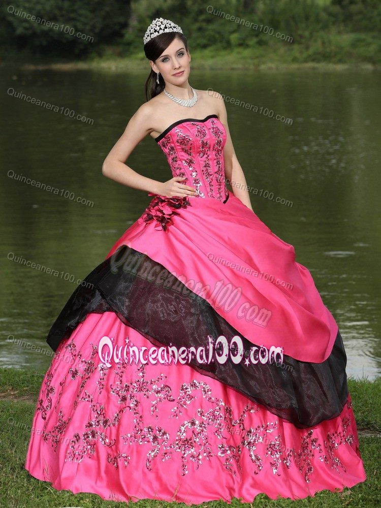 Hot Pink Quinceanera Dress Hand Made Flowers With Embroidery