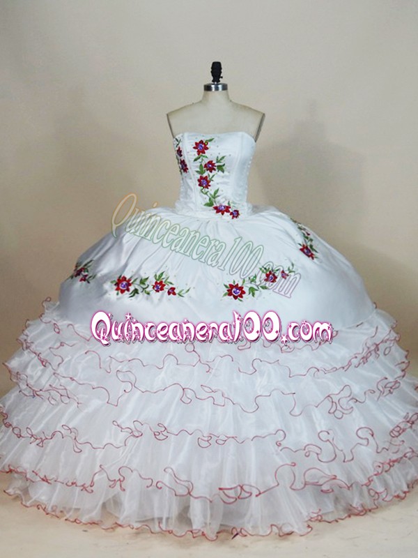  White Sweet 16 Dresses Sweet 16 and Quinceanera with Embroidery and Ruffled Layers Strapless Sleeveless Lace Up
