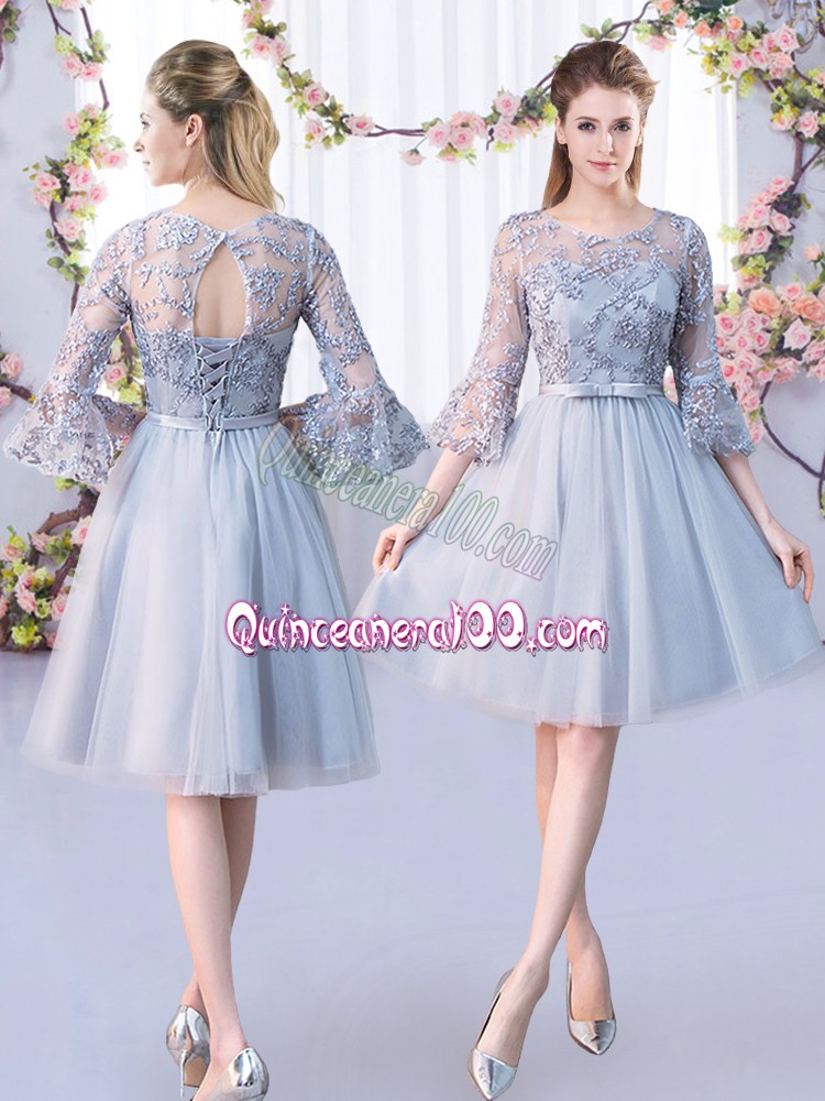  Lace and Belt Dama Dress for Quinceanera Grey Lace Up 3 4 Length Sleeve Knee Length