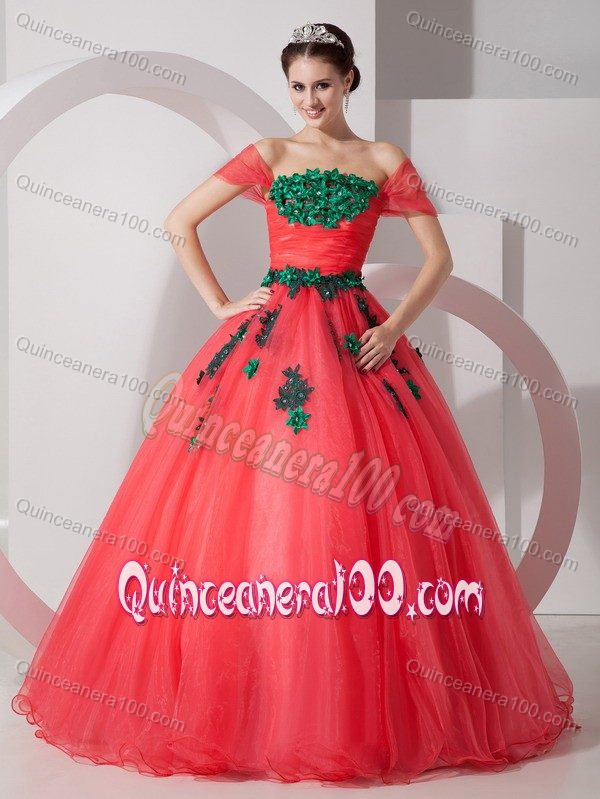 Coral Red Princess off the Shoulder Dresses 15 with Green Applique