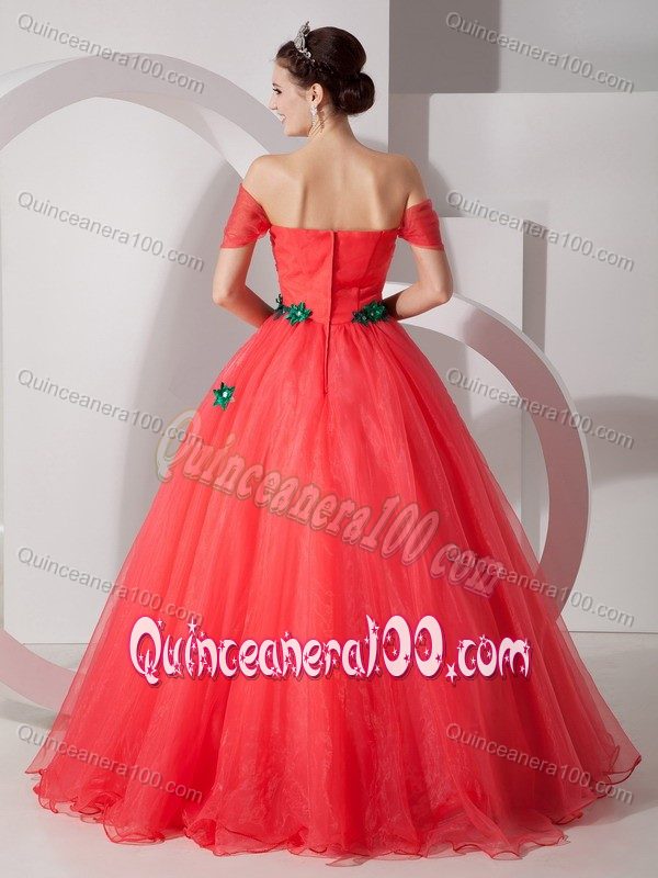 Coral Red Princess off the Shoulder Dresses 15 with Green Applique