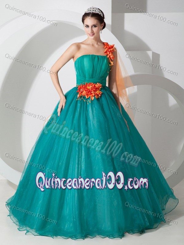 Teal One Shoulder Hand Made Flowers and Ruching Sweet16 Dresses