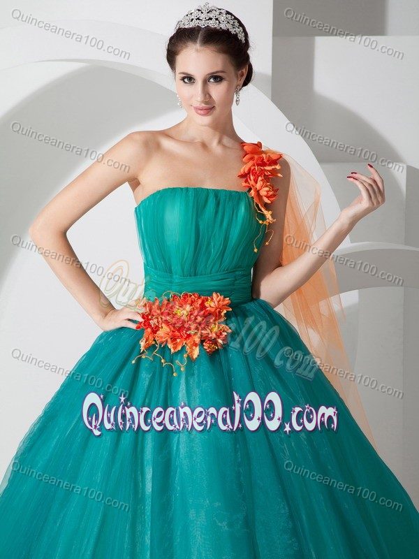 Teal One Shoulder Hand Made Flowers and Ruching Sweet16 Dresses