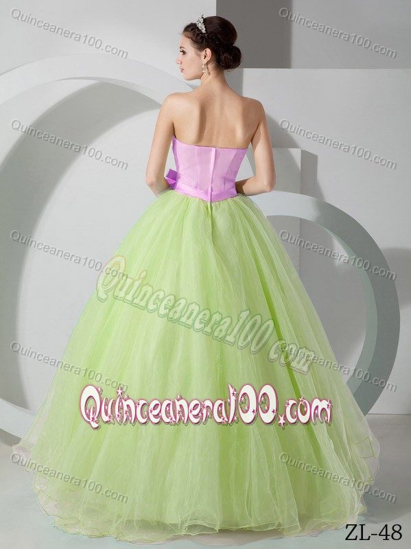 Pink Bodice and Green Skirt for Sash and Ruching Quinceanea Dress