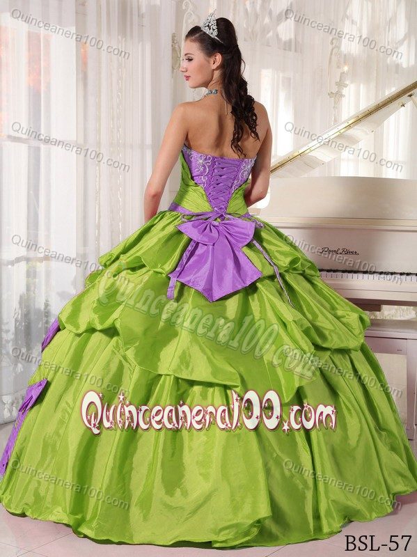 Spring Green and Purple Quinceanera Gowns with Ruffles Overlay