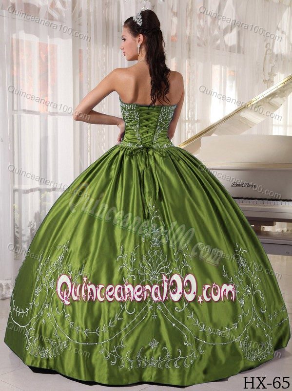 Olive Green Strapless Embroidery Quinceanera Dress with Corset