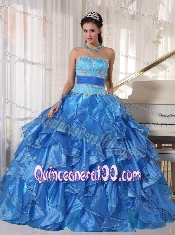 Blue Pieces Ruffles and Appliques Dresses For a Quince with Sash