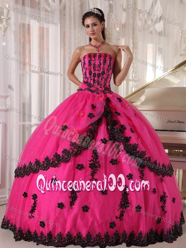 Hot Pink Quinceanera Dress with Heavy Black Embroidery for Accent
