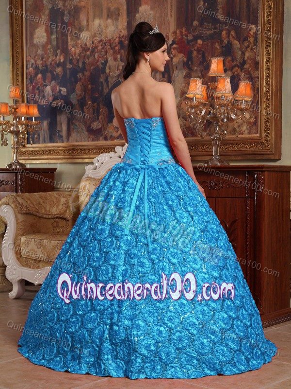 Aqua Blue Strapless Fabric With Rolling Flowers Quinceanera Dress