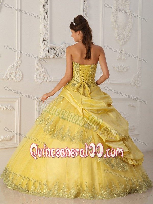 Floor-length Yellow Appliqued Sweet 15/16 Birthday Dress
