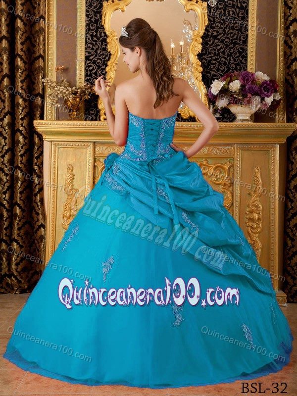 New Style Ball Gown Sweetheart Appliqued Teal Dress for Quince