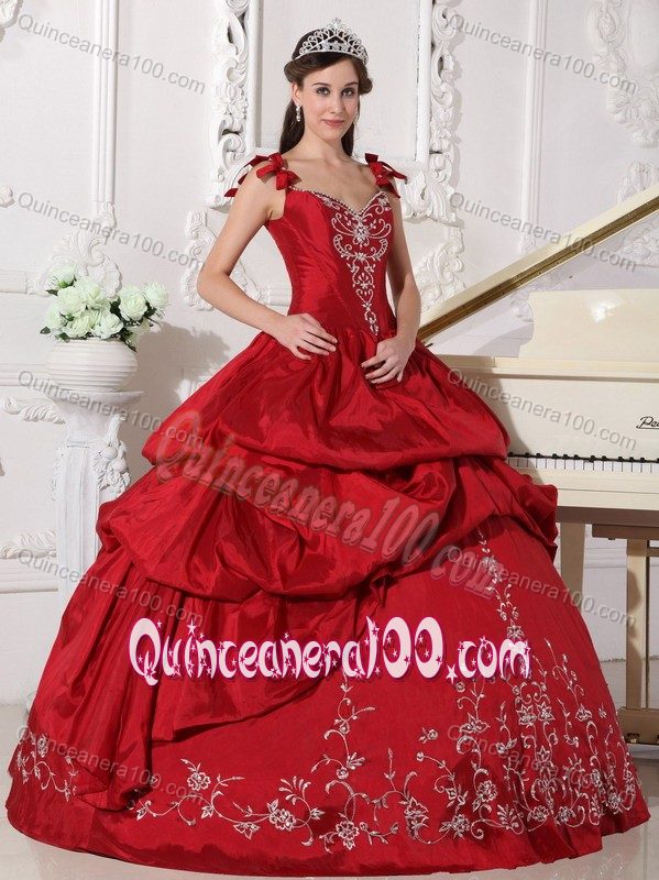 Impressive Straps Wine Red Dress of 15 with Embroidery Online