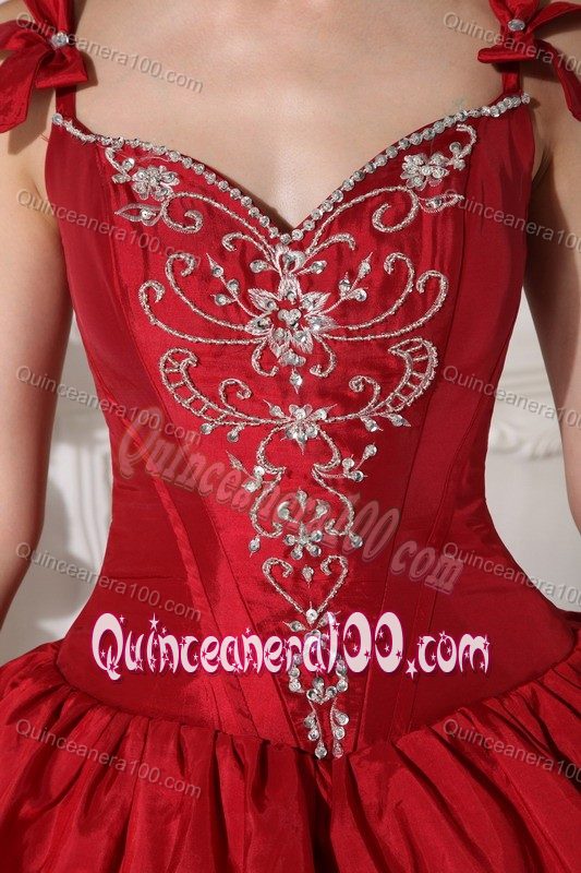 Impressive Straps Wine Red Dress of 15 with Embroidery Online