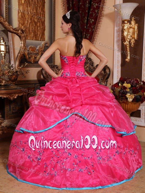 Hot Pink Ball Gown Dress for Quince with Appliques and Pick-ups