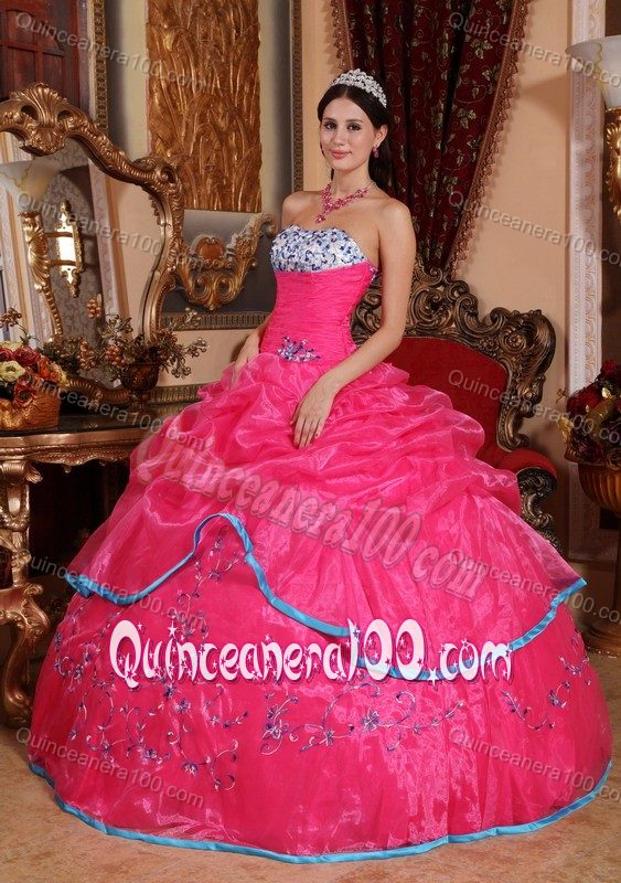 Hot Pink Ball Gown Dress for Quince with Appliques and Pick-ups