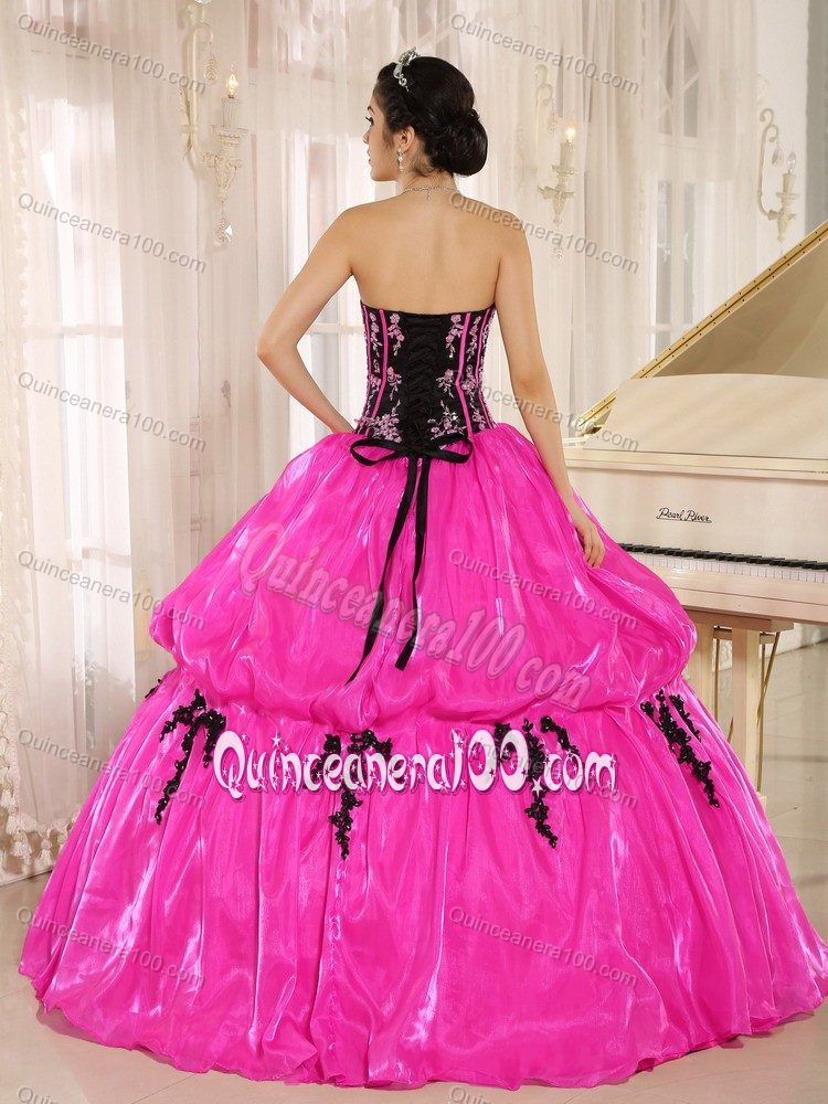 Puffy Hot Pink Strapless Pick-ups and Appliques Sweet 15 Dresses