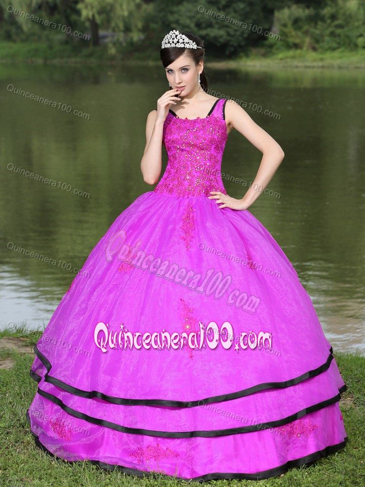 Popular Fuchsia Long Sleeves Appliques Dress for Sweet 15