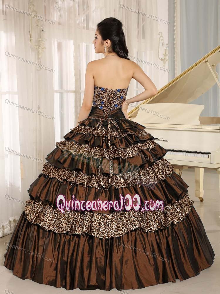 Chocolate Multi-tiered Strapless Dress for Sweet 15 with Leopard