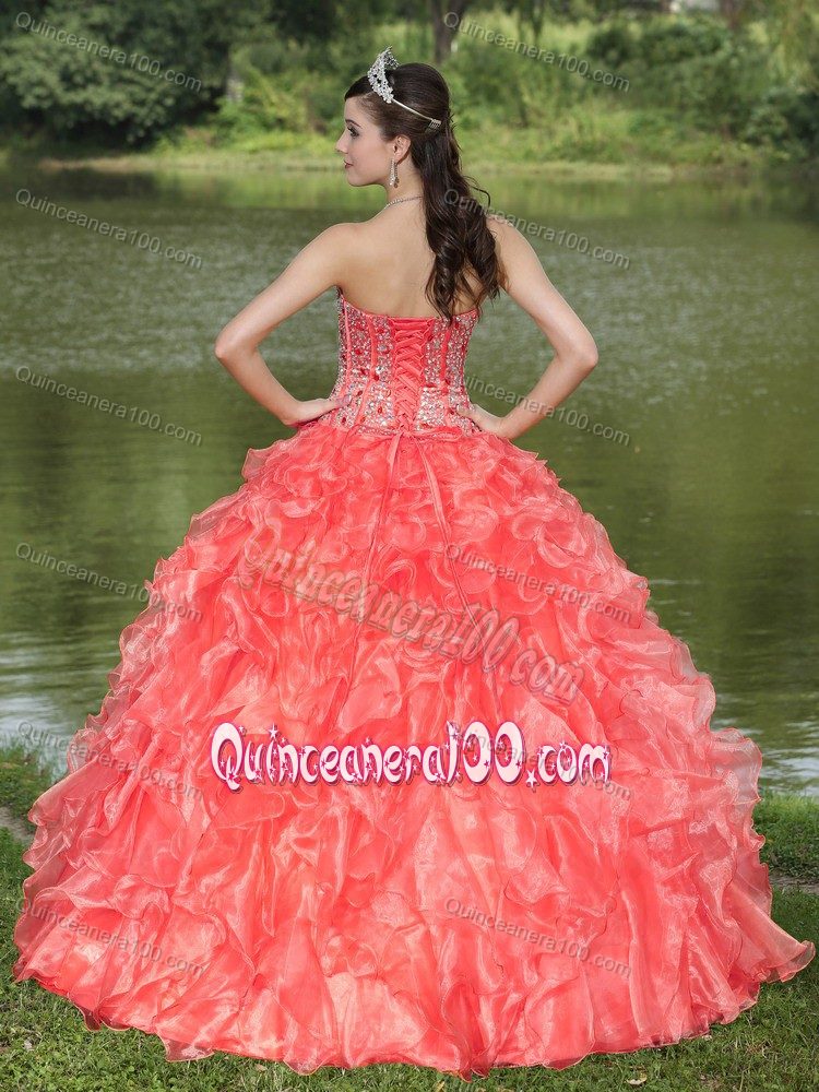 Watermelon Red Sweetheart Ruffles Accent Beaded Sweet 15 Dresses
